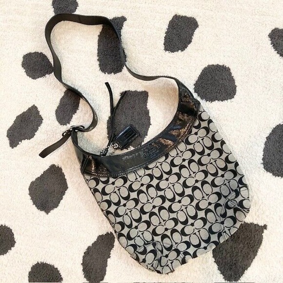 Coach Logo Denim Patent Leather Gray Black 12568 Zip Crossbody Hobo Bag Purse - Picture 1 of 15